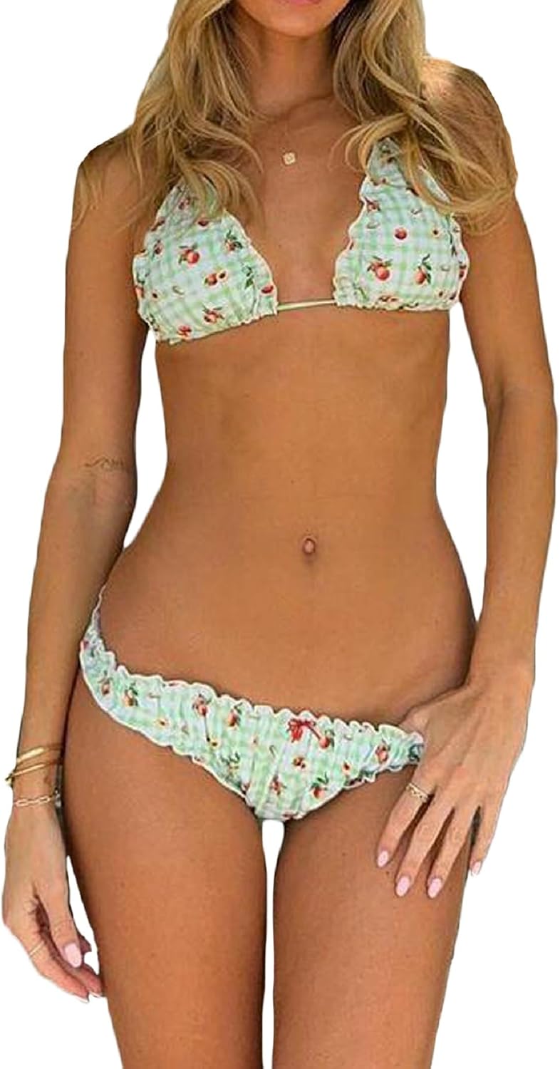 61uHLYyhgL._AC_SL1500_.jpg Cute Thong Bikini Sets for Women Floral Print Halter Neck Two Piece Triangle Swimsuits Sexy Boho Bathing Suit - Image 1