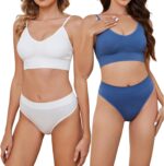 2 Pack Bra and Panty Sets for Women, Wireless Ribbed Knit Lingerie Set - Seamless Bra, Ribbed and Basics (2 Pack)