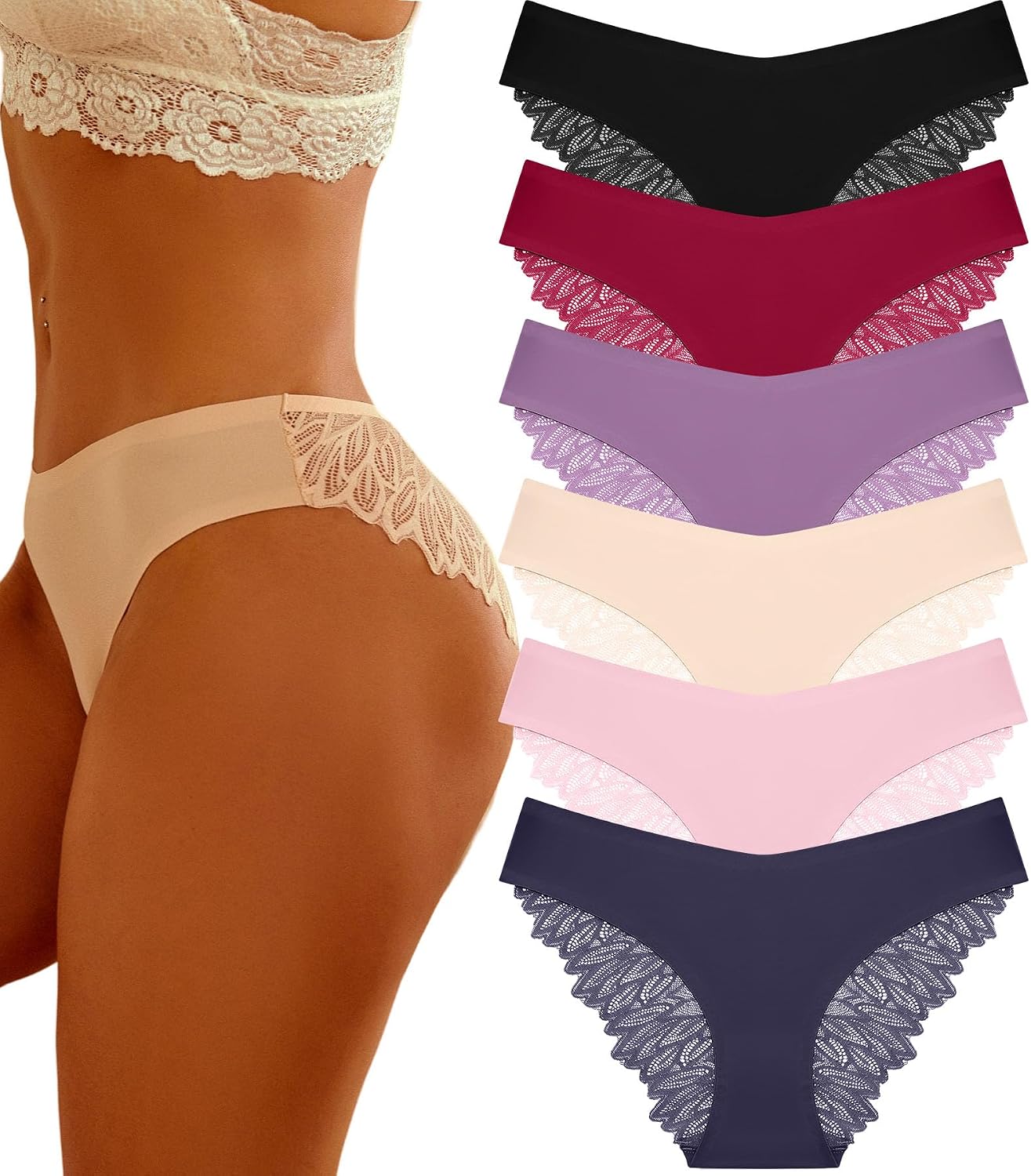 6 Pack Sexy Underwear for Women Silky Seamless No Show Panties Ladies Lace Bikini Lightweight Hipster