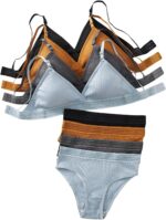 Women 4 Sets Ribbed Knit Lingerie Sets Wireless Bra and Panties Briefs Matching Underwear Sets