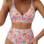 Women 2 Piece Floral Print Bikini Sets V Neck Stitch Swimsuits High Waisted Bathing Suit Beach Summer Swimwear